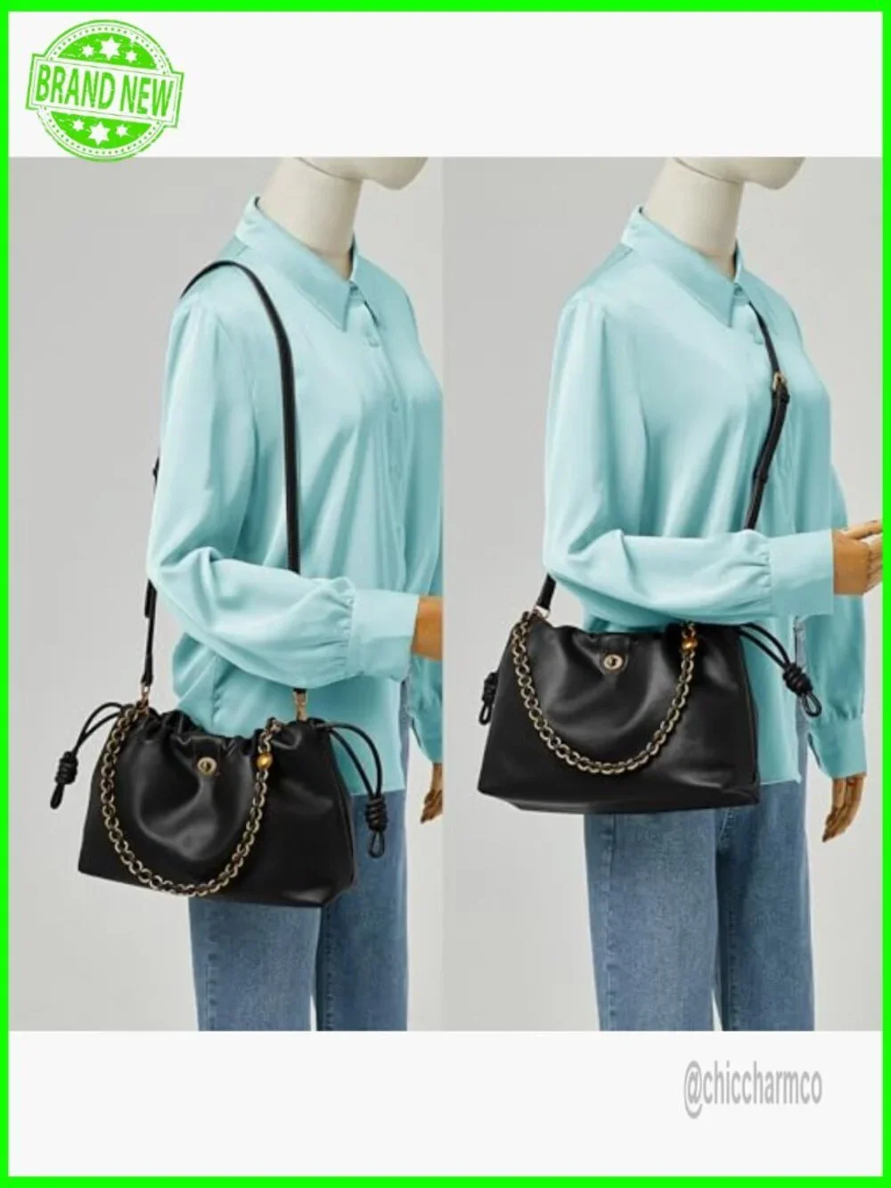 Vegan PU Bucket Hobo Purse with Detachable Straps, 12x8x4 Inches